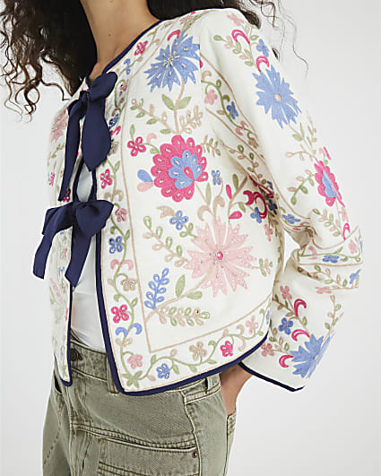 Cream Floral Embroidered Tie Front Jacket