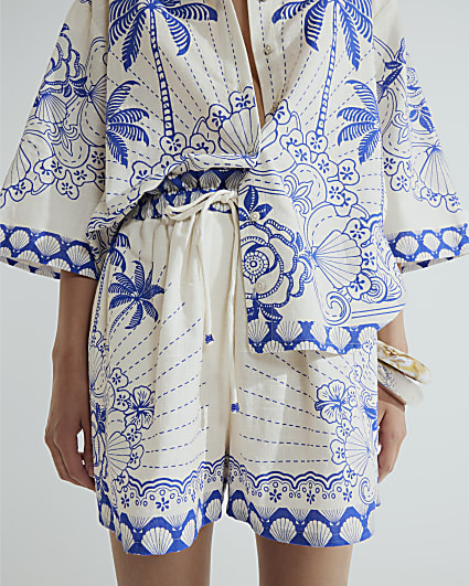 Blue Shell Printed Tie Waist Shorts