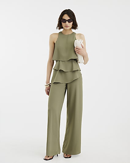 Khaki Layered Wide Leg Jumpsuit