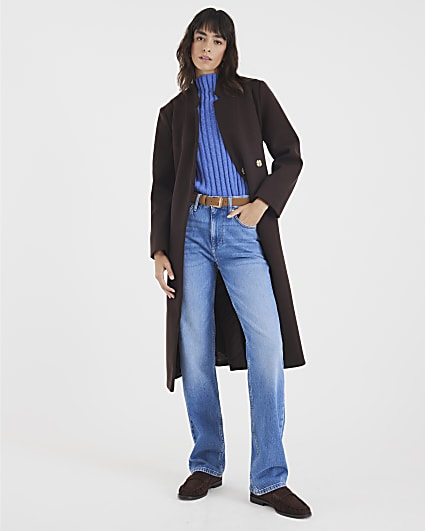 Brown Notch Collar Belted Wrap Coat