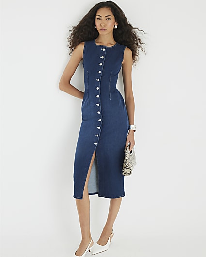 Blue Denim Button Front Midi Dress