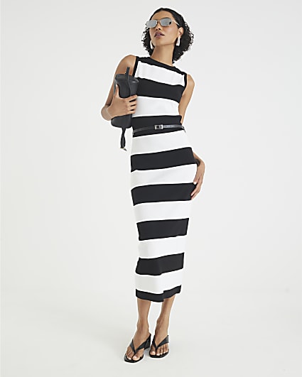 Black Stripe Knitted Belted Column Dress