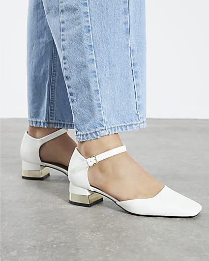 White Patent Low Block Heels