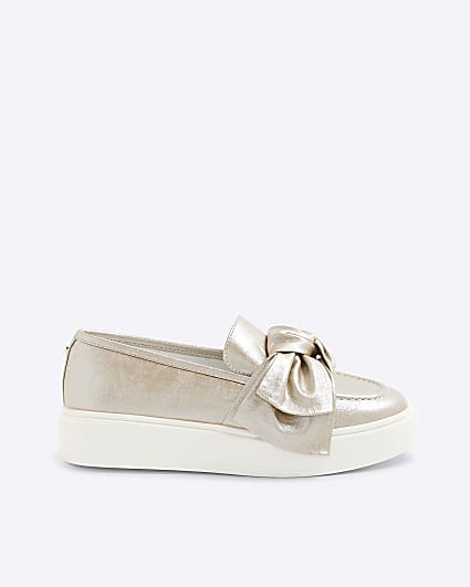 Rose Gold Platform Slip On Bow Loafers