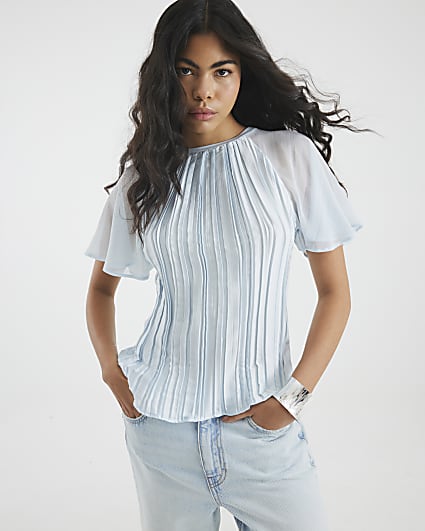 Blue Short Sleeve Pleated Hybrid T-shirt