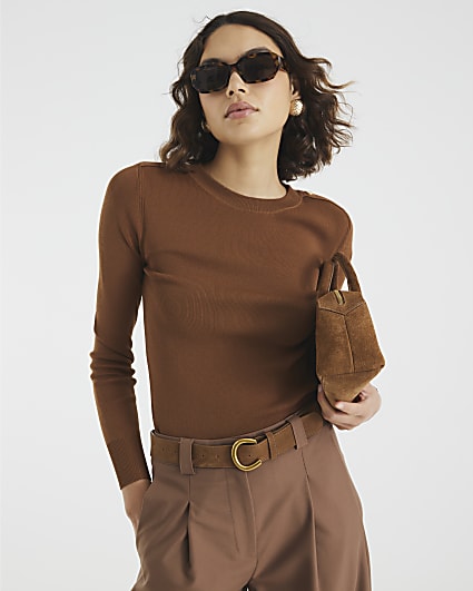 Brown Knit Long Sleeve Top