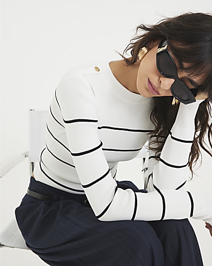 Cream Knit Striped Long sleeve Top
