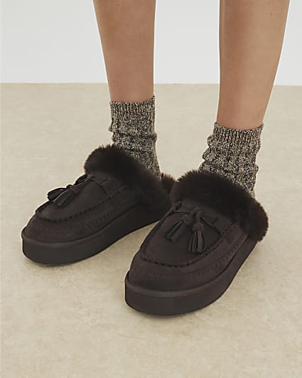 Brown Faux Fur Lined Tassel Mule Slippers