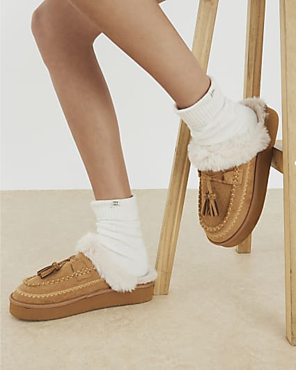 Beige Faux Fur Lined Tassel Mule Slippers