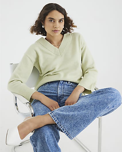 Green Knitted V Neck Jumper