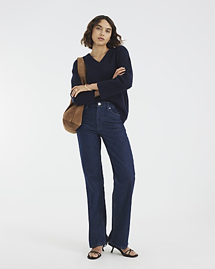Navy Knitted V Neck Jumper
