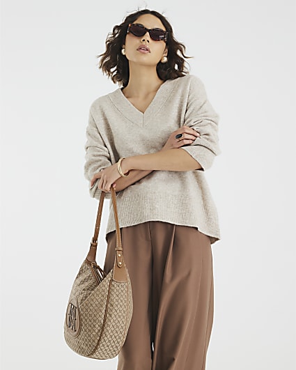 Beige Knitted V Neck Jumper