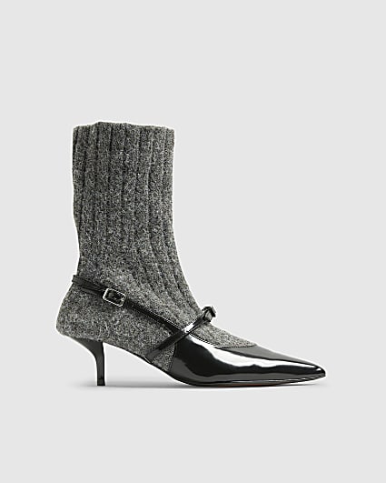Grey Knit Sock Boot Court Heels