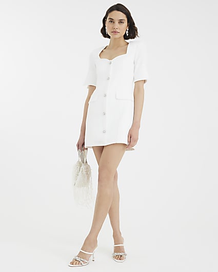 White Sweetheart Neckline Button Mini Dress