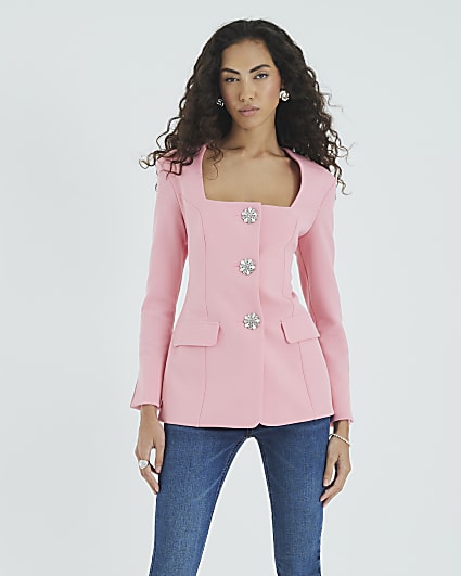 Pink Long Sleeve Embellished Button Blazer