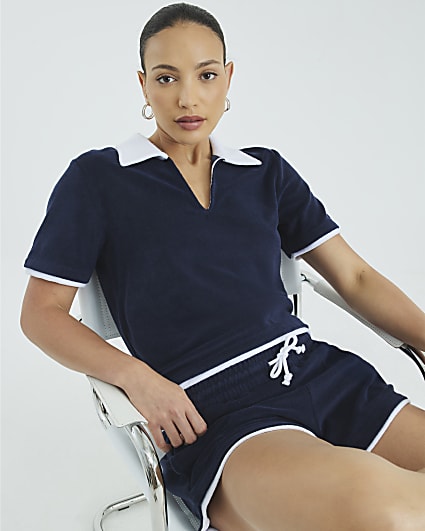 Navy Short Sleeve Towelling Polo Top