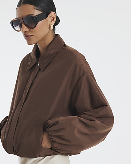 Brown Bubble Hem Bomber Jacket