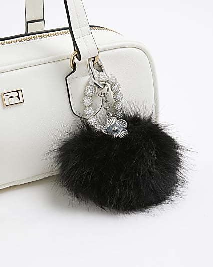 Black Faux Fur Pompom Diamante Bag Charm