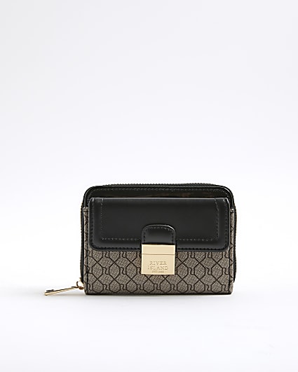 Black RI Monogram Print Lock Front Purse
