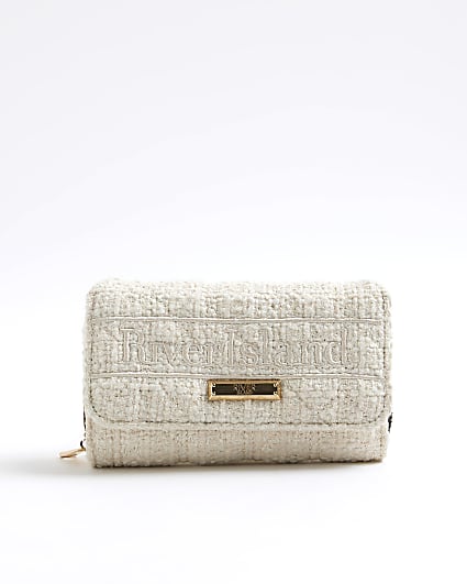 Cream Boucle Fold Over Flap Zip Around Purse