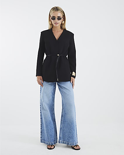 Petite Black Collarless Belted Blazer