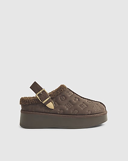 Brown Monogram Faux Fur Lined Buckle Mules