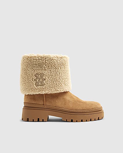Brown Embroidered Borg Cuff Ankle Boots