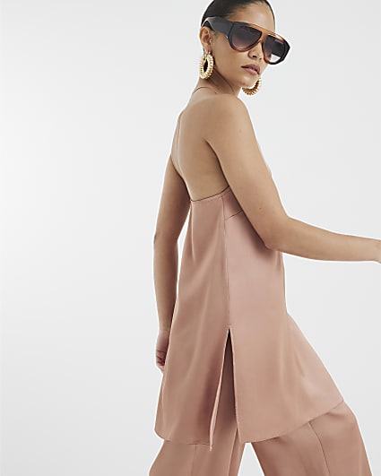 Petite Brown Halter Neck Satin Cami Top