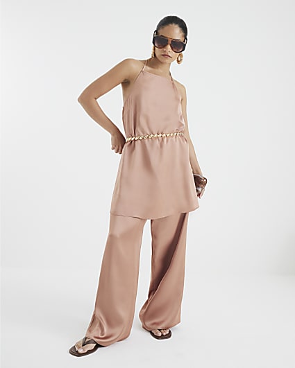 Brown Satin Straight Leg Trousers