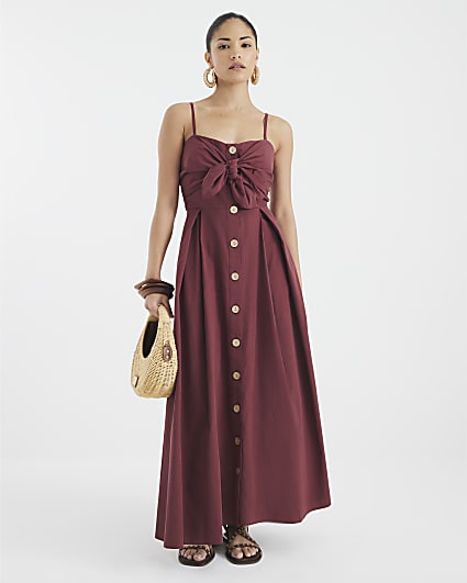Petite Red Front Bow Button Up Midi Dress