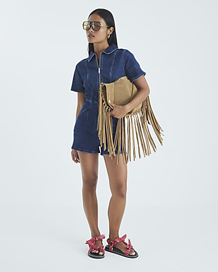Petite Blue Denim Short Sleeve Zip Playsuit