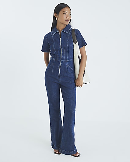 Petite Blue Denim Short Sleeve Zip Jumpsuit