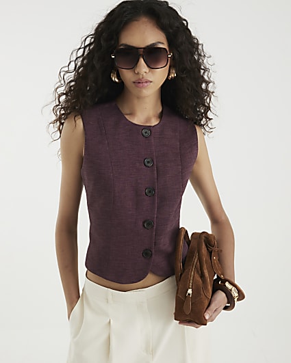 Purple High Neck Fitted Waistcoat