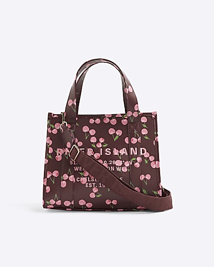 Red Cherry Print Embroidered Tote Bag