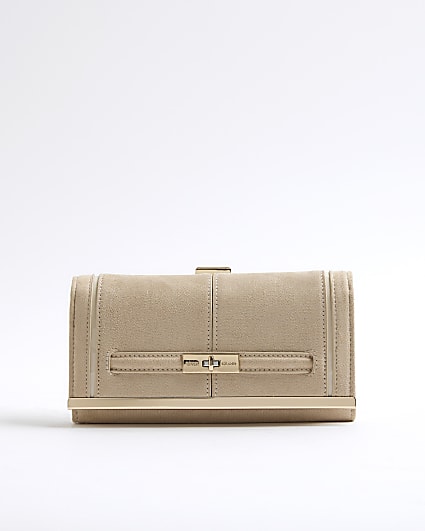 Beige Faux Suede Twist Lock Strap Purse