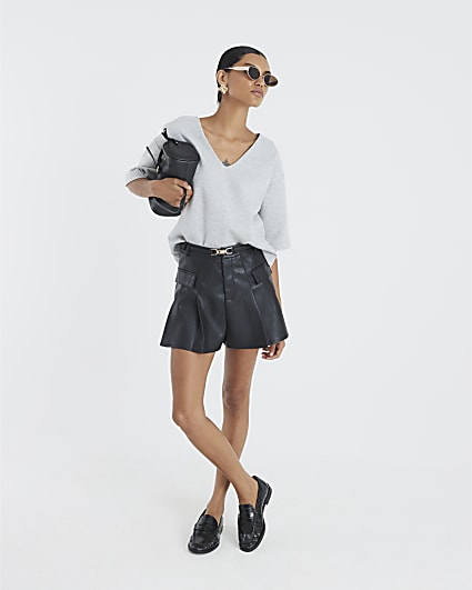 Black Belted Faux Leather Pleated Shorts