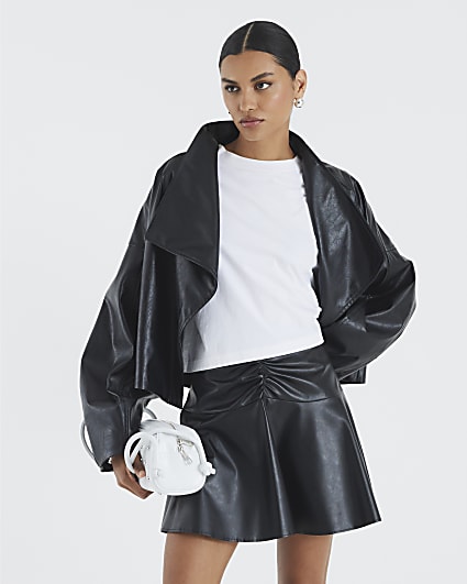 Black Faux Leather Ruched Mini Skirt