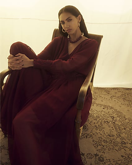 Red Long Sleeve Smocked Maxi Dress