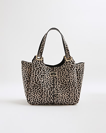 Beige Leopard Print Winged Shoulder Bag