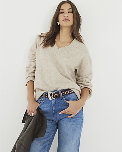 Beige V Neck Jumper