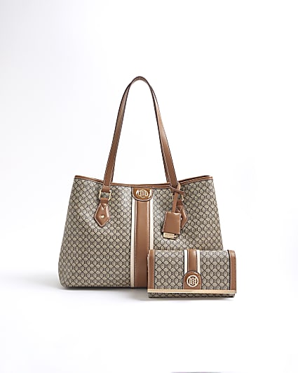 Brown RI Monogram Tote And Purse Bag Bundle