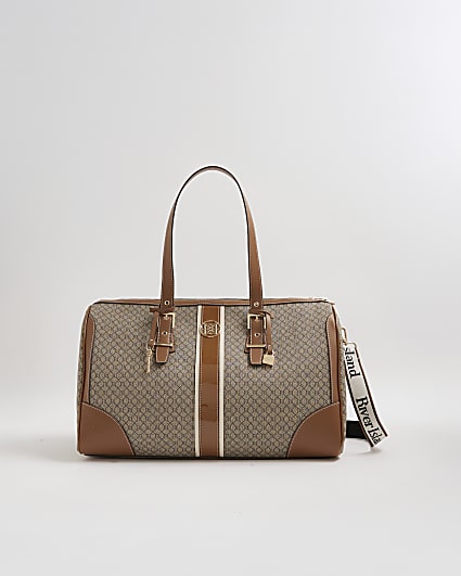 Beige Monogram Print Charm Holdall Bag