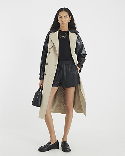 Beige Faux Leather Sleeve Trench Coat