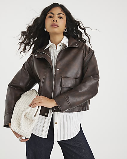 Brown Faux Leather Funnel Neck Bomber Jacket