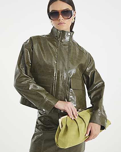 Green Distressed Funnel Neck Bomber Jacket