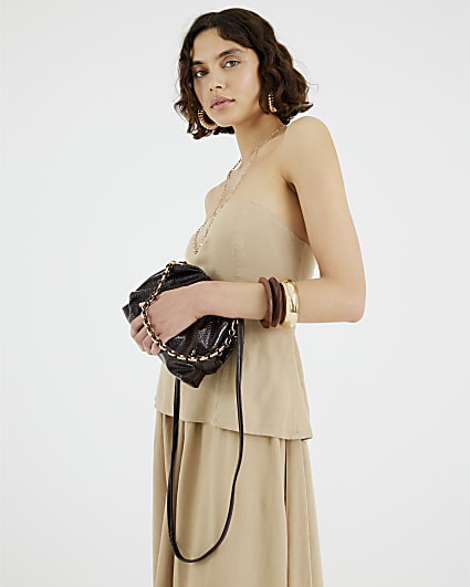 Brown Chain Front Ruched Cross Body Bag