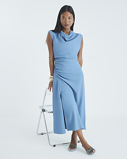Petite Blue Cowl Neck Midi Dress