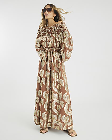 Brown Ruffled Gold Detail Bardot Maxi Dress