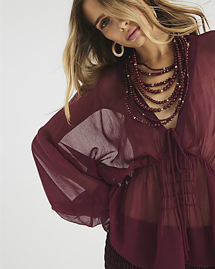 Red Long Sleeve Smocked Blouse