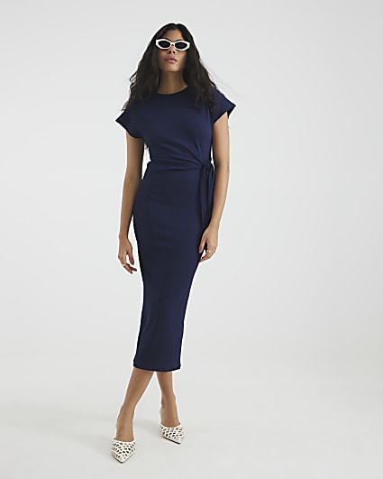 Navy Textured Tie Waist Midi Dress